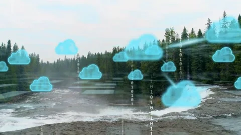 Cloud icons entering from left forming data, linking, growing, fading, showing Stock Footage 333936669