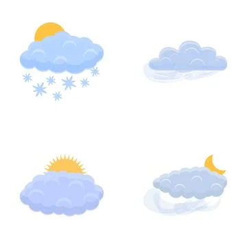 Cloud icons set cartoon vector. Gray cloud covers sun and moon Stock Illustration