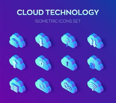 Cloud Icons Set. Cloud Technology. 3D Isometric Icons Set. Cloud Storage. Cre Stockillustratie