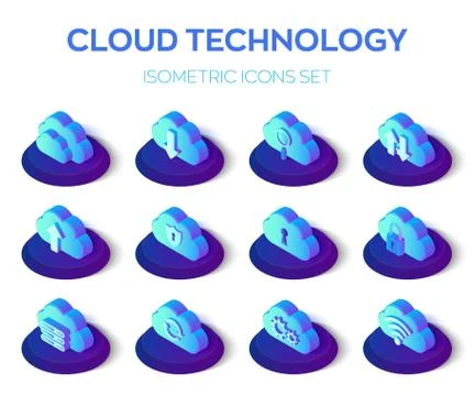 Cloud Icons Set. Cloud Technology. 3D Isometric Icons Set. Cloud Storage. Cre Stock Illustration