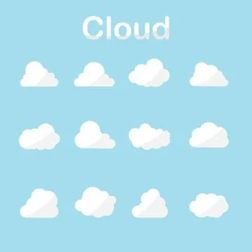 Cloud icons set in many forms with blue sky background Stock Illustration