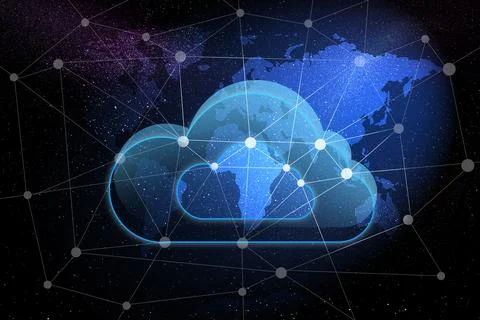 Cloud image and world map on background. Modern technology Stock Photos