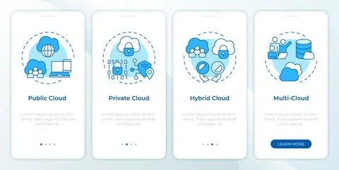 Cloud infrastructure deployment types monochrome onboarding mobile app screen 库存插图