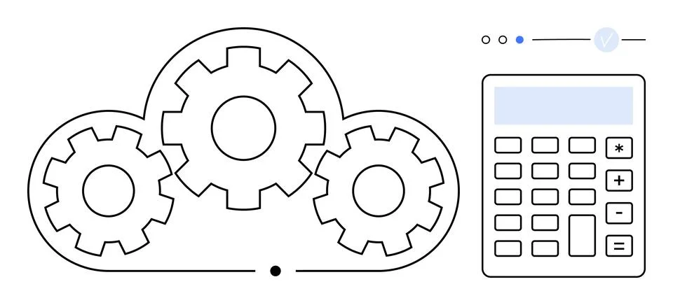 Cloud integrated with three gears and adjacent calculator represents cloud co Stockillustratie