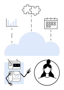 Cloud Integration for Data, Puzzle, Calendar with Robot and User Icons Illustrazione stock