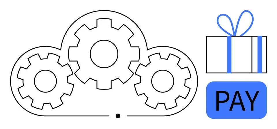 Cloud with interconnected gears, gift box with ribbon, and pay button. Ideal  Stock Illustration