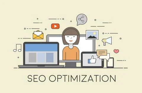 Cloud, internet. Common storage for all devices. Happy user. Social networks Stock Illustration