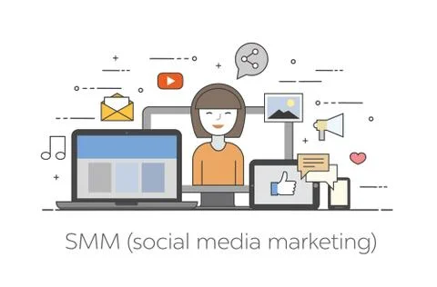 Cloud, internet. Common storage for all devices. Happy user. Social networks Stock Illustration