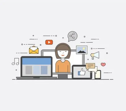 Cloud, internet. Common storage for all devices. Happy user. Social networks Stock Illustration