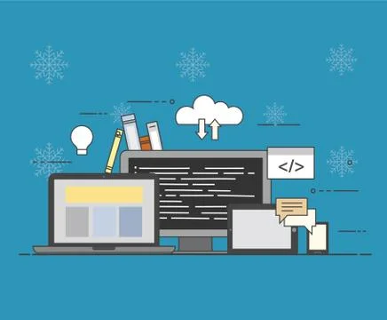 Cloud, internet. Common storage for all devices on winter background Stock Illustration