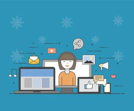 Cloud, internet. Common storage for all devices. Happy user. Social networks on Illustrazione stock