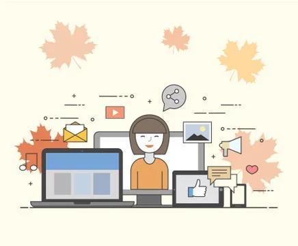 Cloud, internet. Common storage for all devices. Happy user. Social networks Stock Illustration