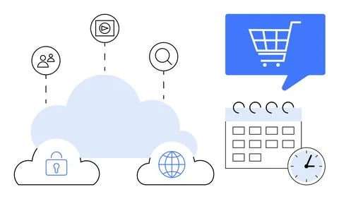Cloud with internet, lock, globe icons connected to user, media, search. High Stock Illustration