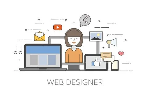 Cloud, internet. Web designer. Happy user. Social networks Stock Illustration