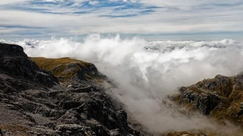 Cloud inversion, Mount Arthur, Kahurangi National Park, New Zealand. Stock Photos