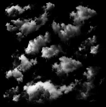 Cloud isolated on black background. Textured Smoke, Brush effect clouds, Ab.. Illustrazione stock