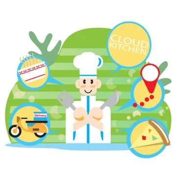 Cloud kitchen app for delivery food  vector image technology content. Stock Illustration