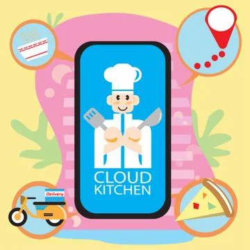 Cloud kitchen app for delivery food  vector image technology content. Stock Illustration