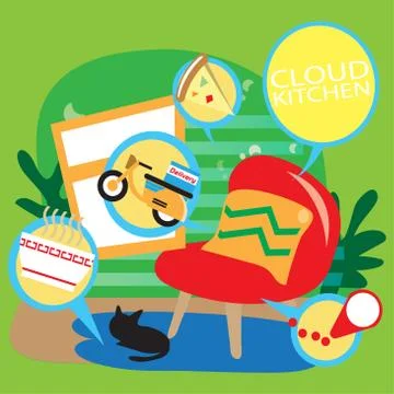 Cloud kitchen app for delivery food  vector image technology content. Stock Illustration