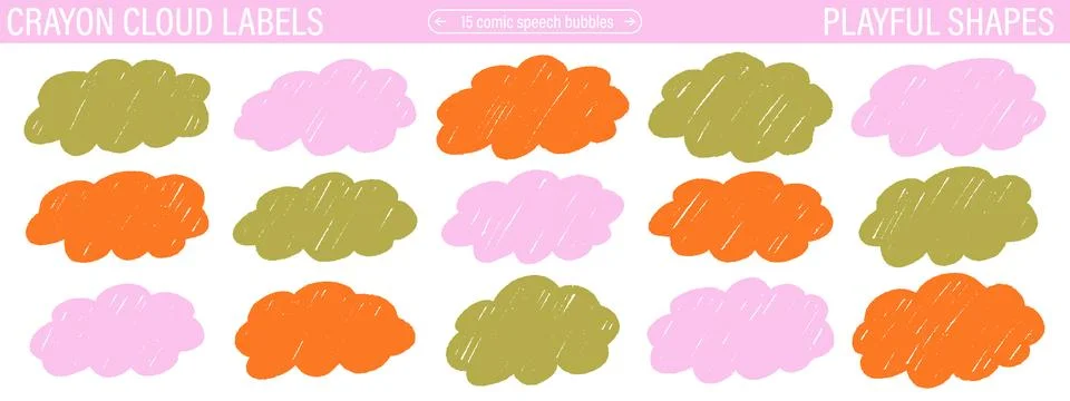 Cloud label shapes set. Crayon scribble fluffy stickers. Cute doodle wavy f.. Stockillustratie