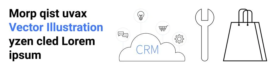 Cloud labeled CRM with data icons, adjacent wrench, and shopping bag outline. Illustrazione stock