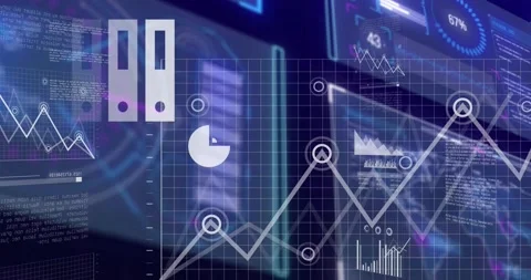 Cloud laptop icon appearing and scaling, charts sliding and expanding forming Stock Footage 329576018