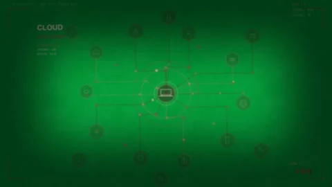 Cloud laptop icon appearing in rings, starting radial lines, lighting hex nodes, Stock Footage 333907601