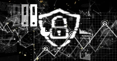 Cloud-laptop moving center, starting shield and lock forming, protecting data Stock Footage 320651587