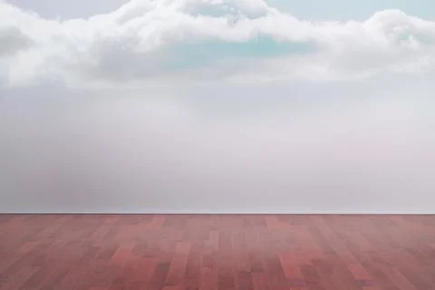 Cloud layer is stretching across horizon and meeting wooden deck in flat design Stock Photos