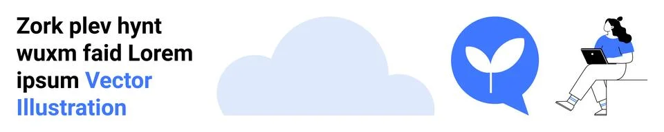 Cloud, leaf icon in circle, person sitting with laptop. Ideal for web develop Illustrazione stock