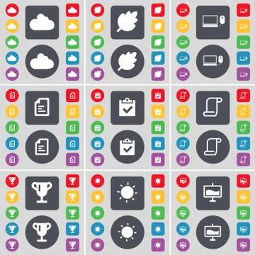 Cloud, Leaf, Laptop, Text file, Survey, Scroll, Cup, Light, Graph icon symbol. A 스톡 일러스트