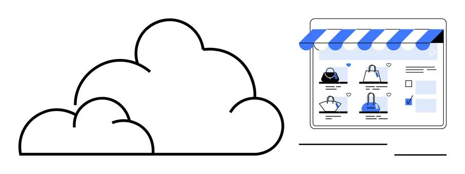 Cloud on left connected to online store with bags and checkout page under blu Stock Illustration