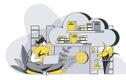 Cloud library concept with outline people scene. Woman reads e-books on laptop 스톡 일러스트