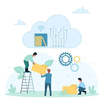 Cloud library for data and digital information storage, tiny people holding Stockillustratie