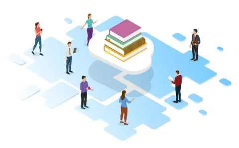 Cloud library digital with books stack and people read book with isometric mo Stock Illustration