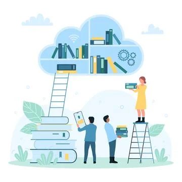 Cloud library, digital database for education, tiny people connect to knowledge Stock Illustration