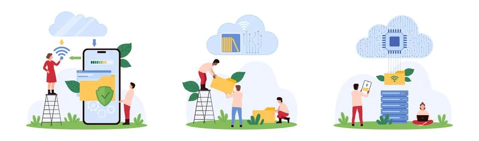 Cloud library service, data upload and management, access security by tiny Stock Illustration