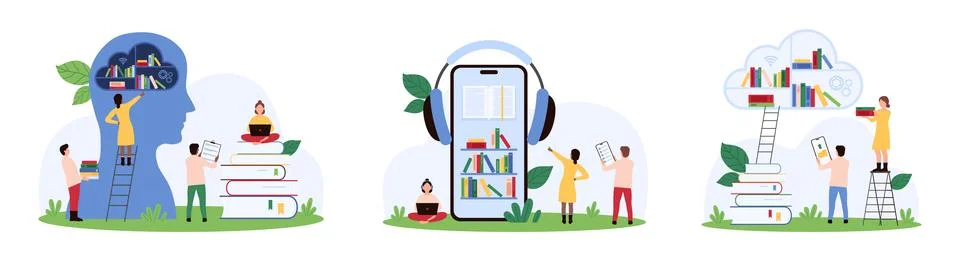 Cloud library set, tiny people on ladder download files and folders, upload イラスト素材