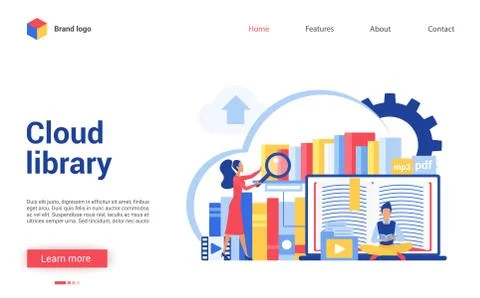 Cloud library vector illustration, cartoon flat tiny people reading online books 스톡 일러스트