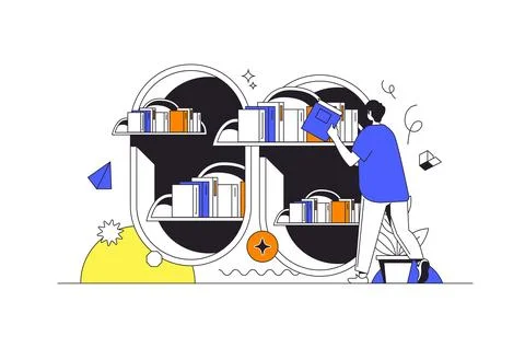 Cloud library web concept in flat outline design with character. Man readin.. Stock Illustration