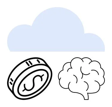 Cloud in light blue with outlines of a dollar coin and brain underneath. Idea Stockillustratie