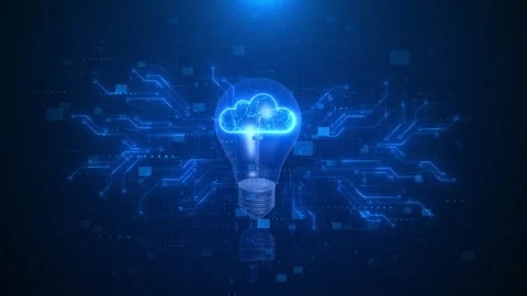 Cloud light bulb technology background blue circuits, glowing , digital lines Stock Footage 334101808