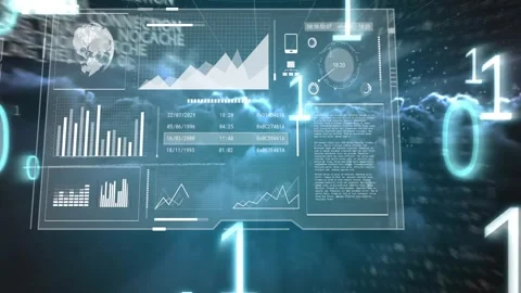 Cloud light drifting initiating binary digits flowing while HUDs sliding and Stock Footage 332295896
