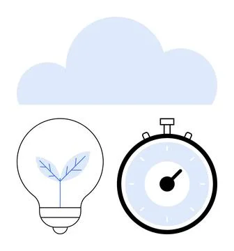 Cloud lightbulb with leaf inside and stopwatch. Ideal for technology, environ Illustrazione stock