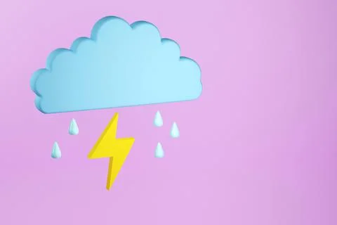 Cloud with lightning and rain drops icon, 3d render Stock Illustration