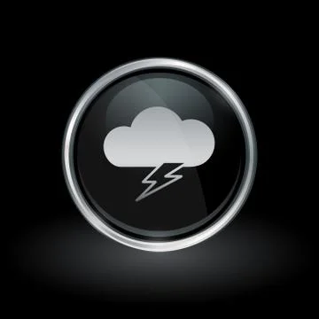 Cloud lightning bolt icon inside round silver and black emblem Stock Illustration