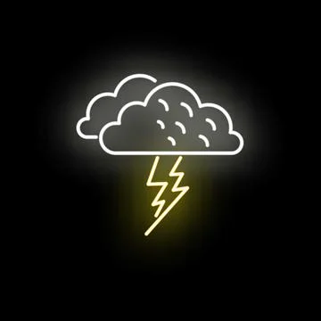 Cloud with lightning bolt neon sign glowing Stock Illustration