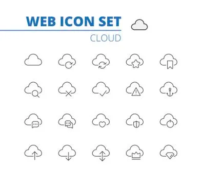 Cloud linear icons web set. Download, upload, settings and preferences symbols. Stock Illustration