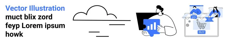 Cloud with lines, person analyzing data on a blue screen, and two figures sho Stock Illustration