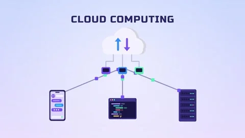 Cloud linked to a phone laptop window and server exchanging data packets Vídeo Stock 348702593